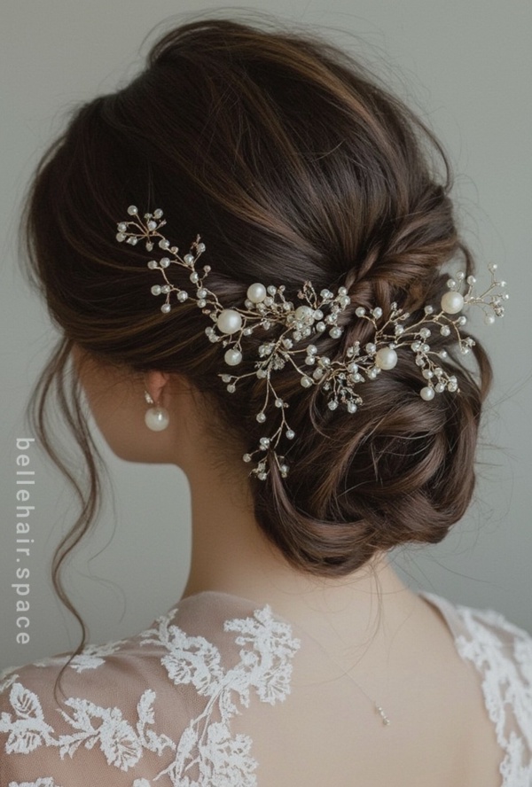 The image shows a woman wearing a white dress and a beautiful bridal hair comb adorned with pearls and crystals. The background is a pristine white, highlighting the intricate details of the hair comb.