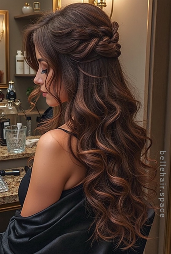 The image shows a woman with long brown hair in a half updo sitting in front of a mirror. She is wearing a black dress and there are bottles, a glass, and other objects on the countertop behind her. The wall behind her is illuminated by lights and there is a watermark on the image.