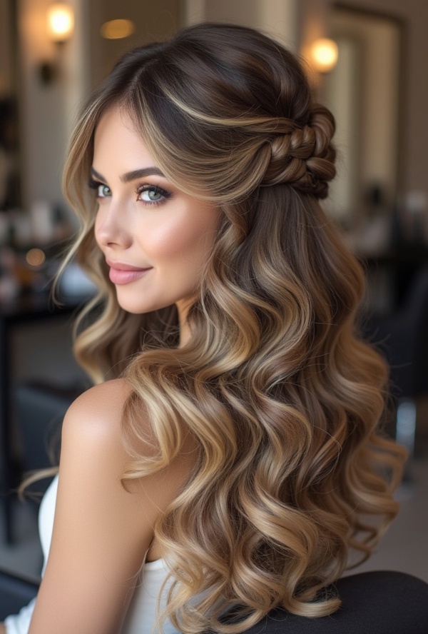 The image shows a woman with long blonde hair in a half up half down braid, sitting on a chair in front of a blurred background with lights. She is wearing a white dress, and her hair is styled in one of the best wedding hairstyles for long hair.
