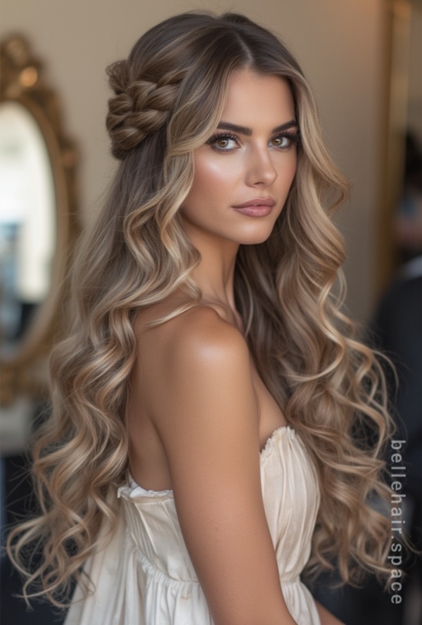 The image shows a woman with long blonde hair wearing a white dress, standing in front of a wall with a mirror. Her hair is styled in a half up half down wedding hairstyle, with the ends of her hair pulled back and secured with a braid.