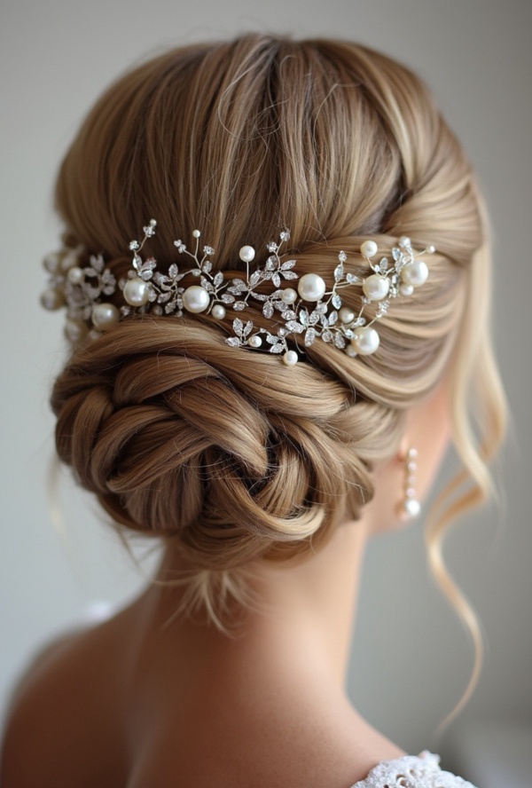 The image shows a woman wearing a white dress and a beautiful bridal hair comb adorned with pearls and crystals. The background is a pristine white, highlighting the intricate details of the comb.